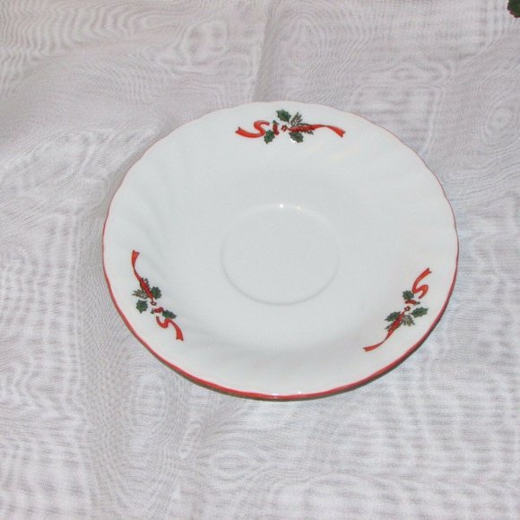 2 Saucers KOPIN CHRISTMAS PLEASURE Porcelain Red Rim Holly no teacups Holiday - Picture 2 of 6